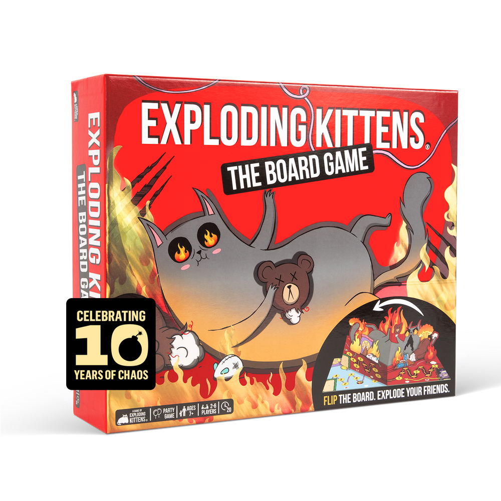 Exploding Kittens: The Board Game 10th Anniversary box featuring a flaming cartoon cat