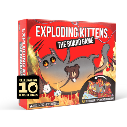 Exploding Kittens: The Board Game 10th Anniversary box featuring a flaming cartoon cat