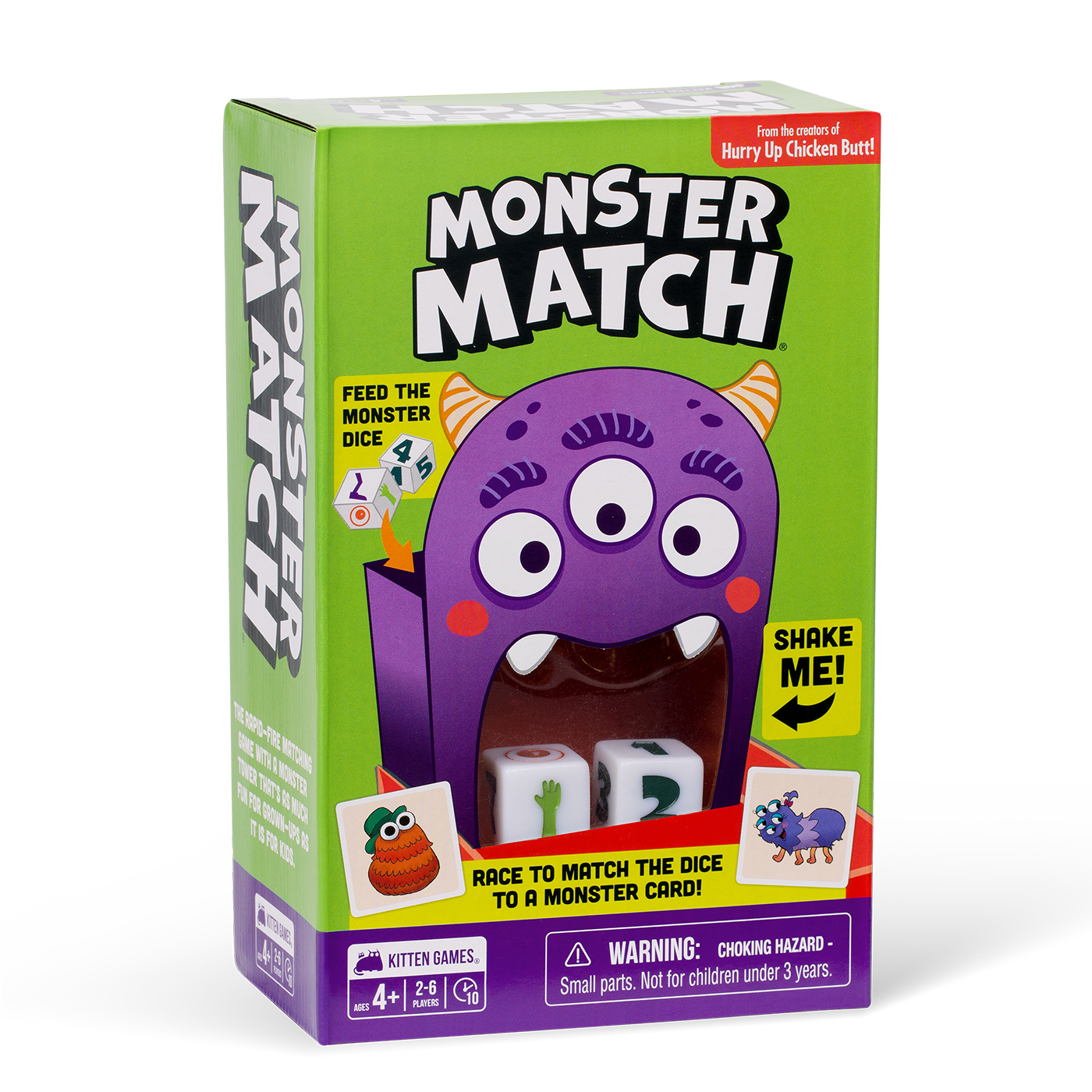 Green "Monster Match" game box showing a purple, three-eyed monster's open mouth holding dice for matching