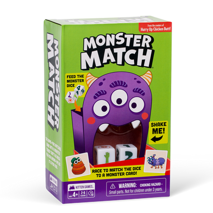 Green "Monster Match" game box showing a purple, three-eyed monster's open mouth holding dice for matching