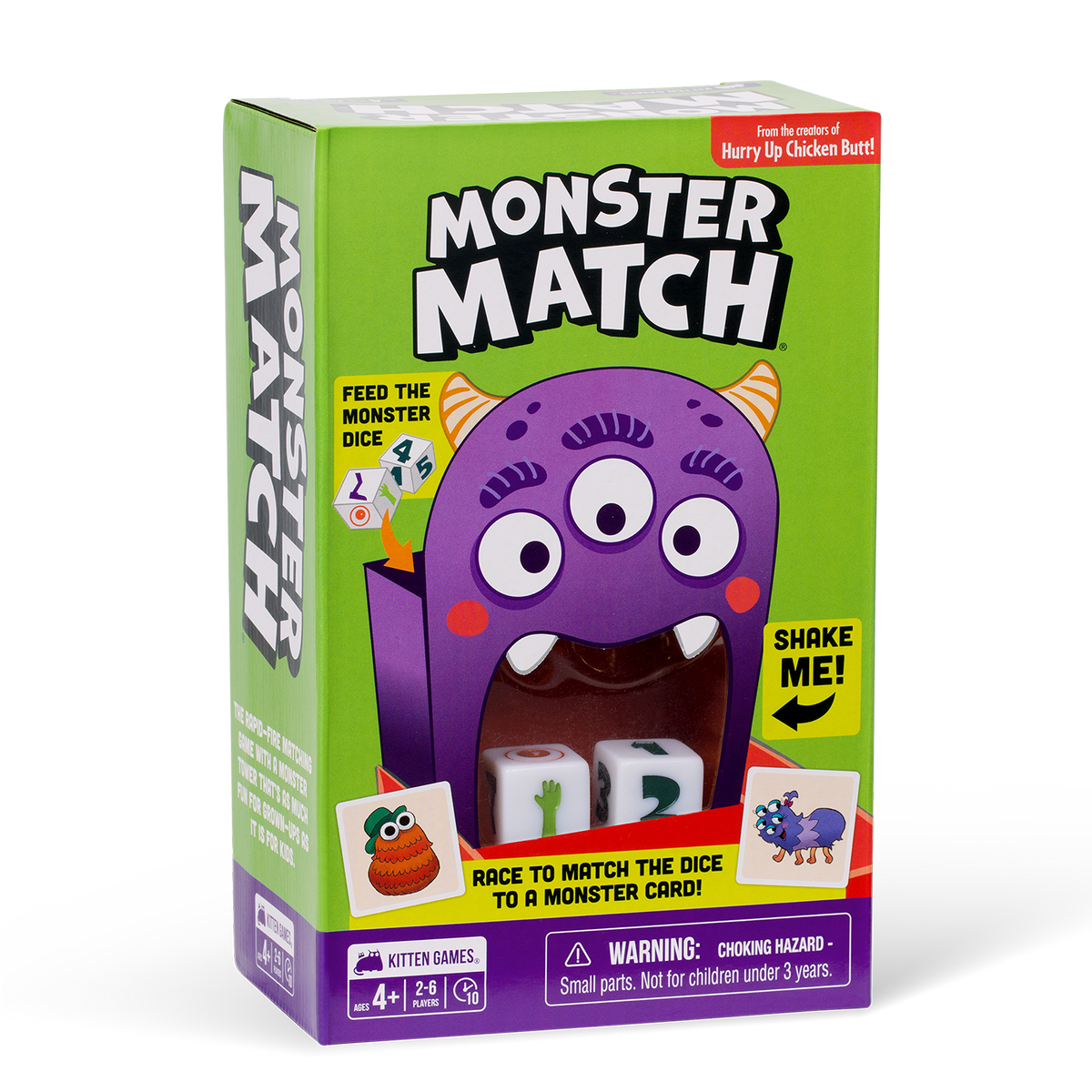 Green &quot;Monster Match&quot; game box showing a purple, three-eyed monster&#39;s open mouth holding dice for matching