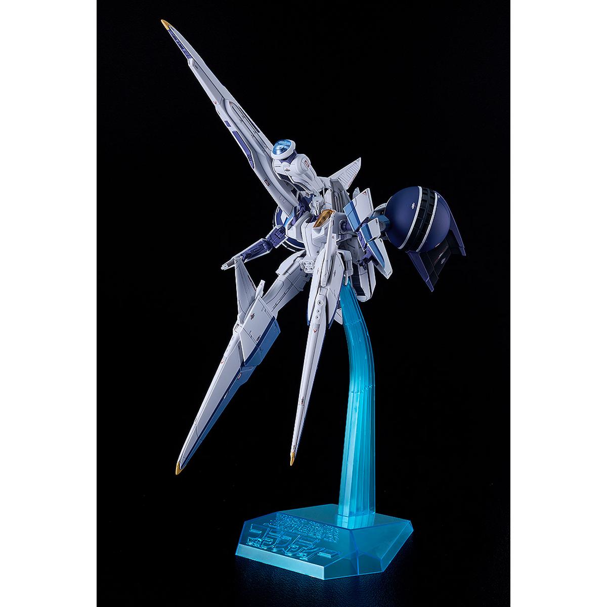 Highly detailed white and blue transformable sci-fi jet model on a translucent blue display stand