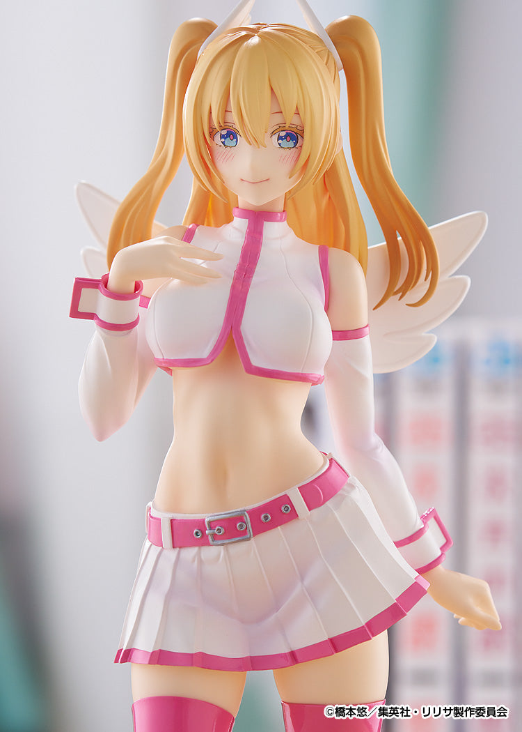 Blonde anime figurine with pigtails and angel wings, wearing a white and pink crop top and miniskirt, hand on chest