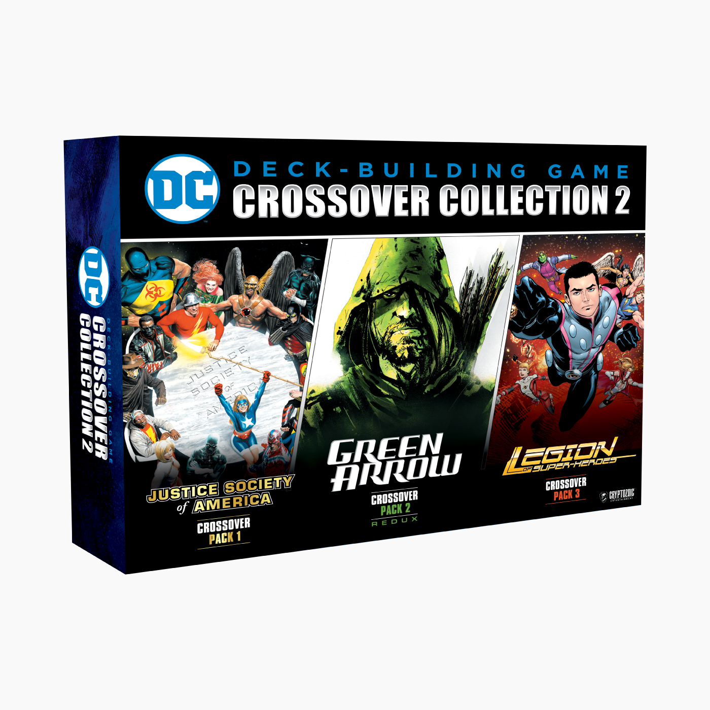 A DC Deck-Building Game Crossover Collection 2 box, featuring comic art of Justice Society, Green Arrow, and Legion of Super-Heroes