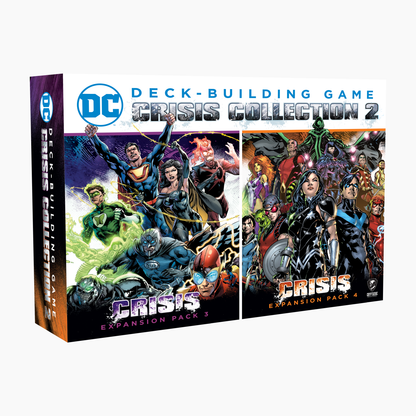 DC Deck-Building Game: Crisis Collection 2 box. Features multiple DC superheroes & villains for Expansion Packs 3 & 4