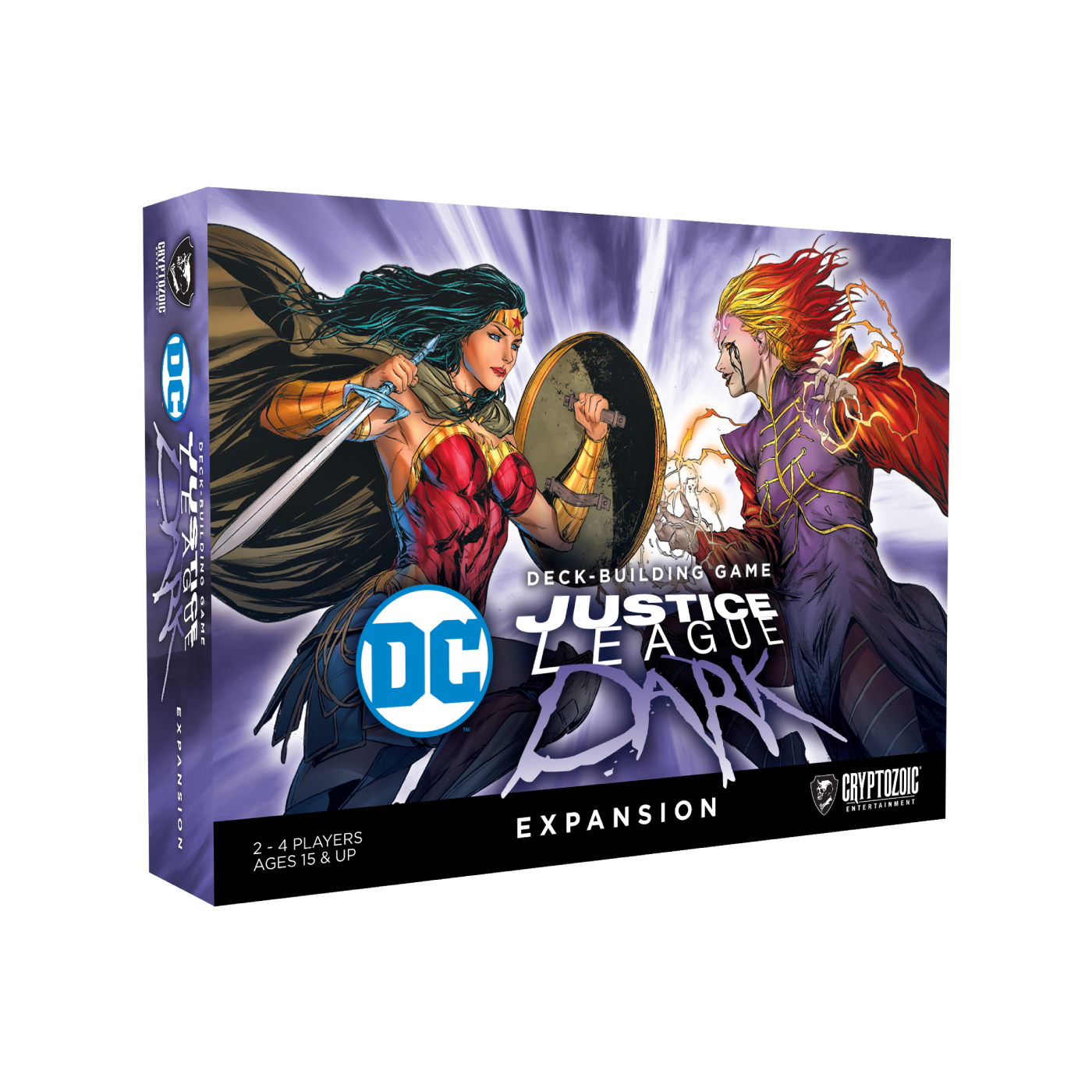 A "Justice League Dark Deck-Building Game Expansion" box showing Wonder Woman battling a fiery magic-user