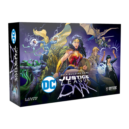 A box for the DC Deck-Building Game: Justice League Dark, featuring Wonder Woman and other magical heroes in action