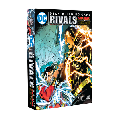 DC Rivals Deck-Building Game box with Shazam and Black Adam battling amidst lightning