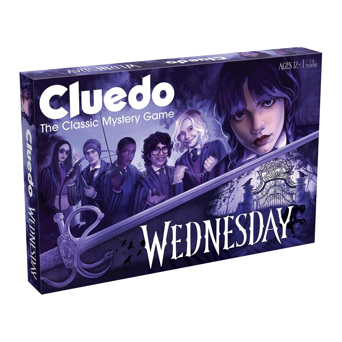 Cluedo: Wednesday board game box, featuring Wednesday Addams and several Nevermore Academy students on a purple cover