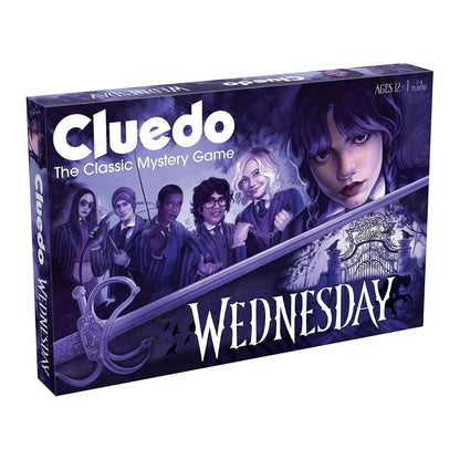 Cluedo: Wednesday board game box, featuring Wednesday Addams and several Nevermore Academy students on a purple cover