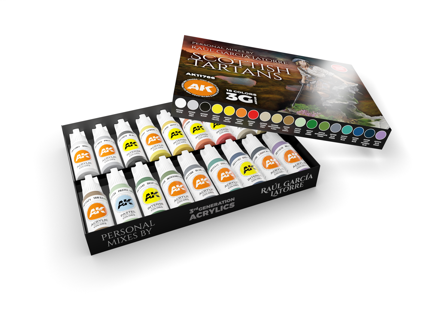 Open AK "Scottish Tartans" 18-color acrylic paint set, showing bottles and a Highlander painting on the lid