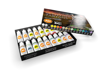 Open AK "Scottish Tartans" 18-color acrylic paint set, showing bottles and a Highlander painting on the lid