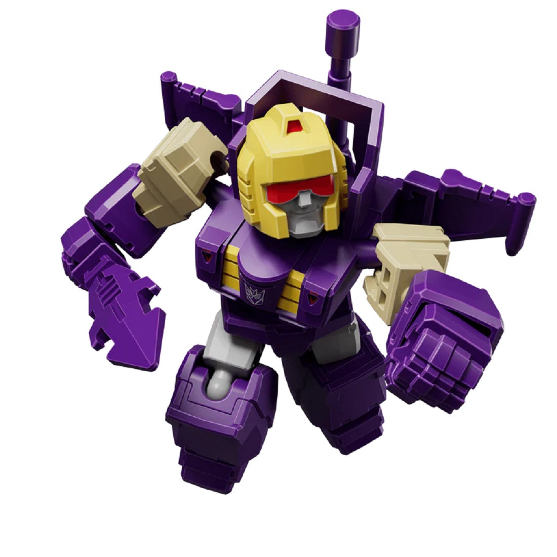 Stylized Transformers Blitzwing figure, purple with a yellow helmet and red visor, posed aggressively