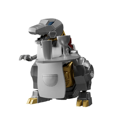 Robot dinosaur figure wearing a waiter apron and carrying a tray with two drinks