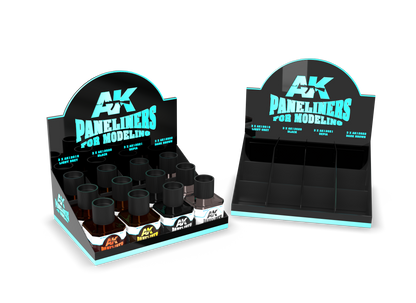 Two AK Paneliners modeling paint display stands -  one filled with bottles -  one empty