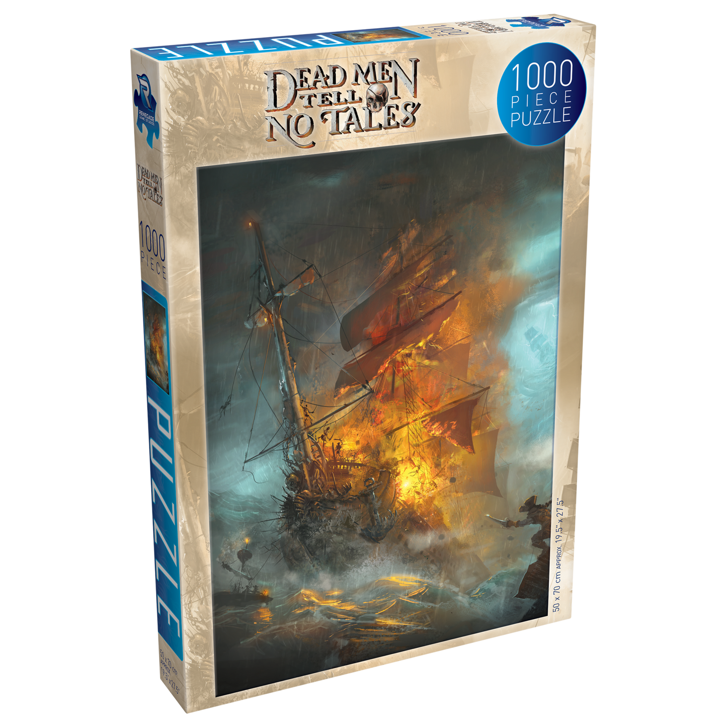 A 1000-piece "Dead Men Tell No Tales" puzzle box showing a pirate ship burning in a storm with skeletons