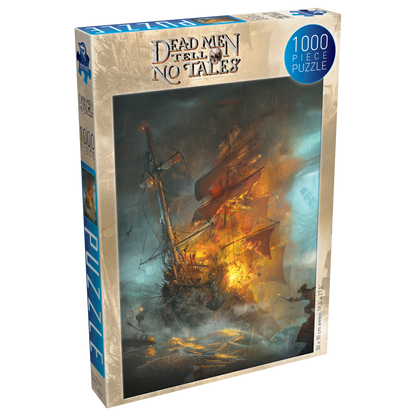 A 1000-piece "Dead Men Tell No Tales" puzzle box showing a pirate ship burning in a storm with skeletons