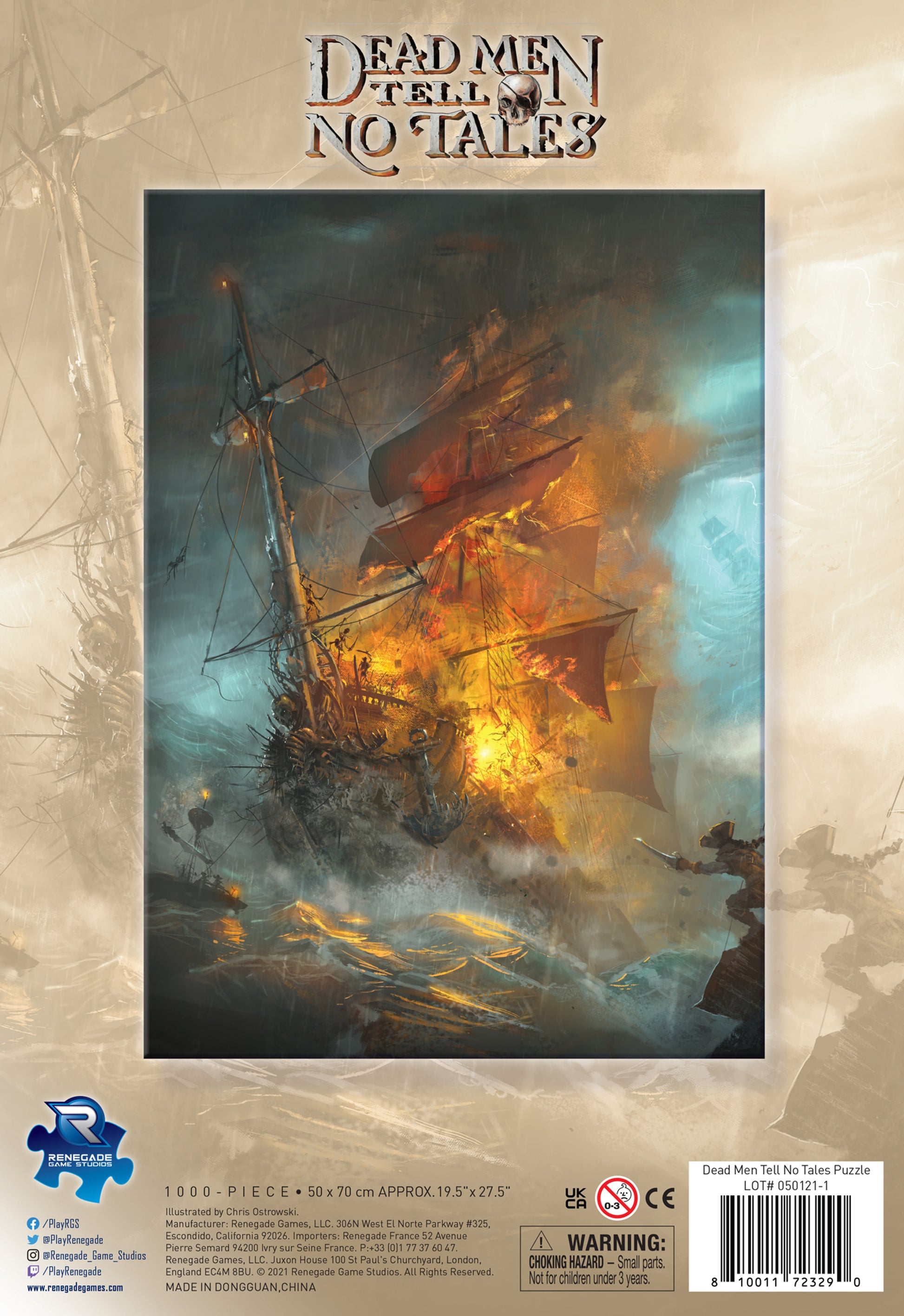 A puzzle box showing a pirate ship ablaze in a storm. Title: 'Dead Men Tell No Tales'