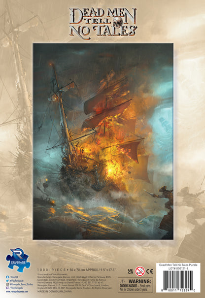 A puzzle box showing a pirate ship ablaze in a storm. Title: 'Dead Men Tell No Tales'