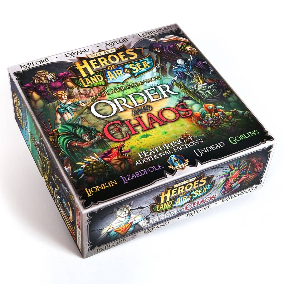 Fantasy board game expansion box, "Heroes of Land, Air & Sea: Order and Chaos," featuring diverse monster and faction art