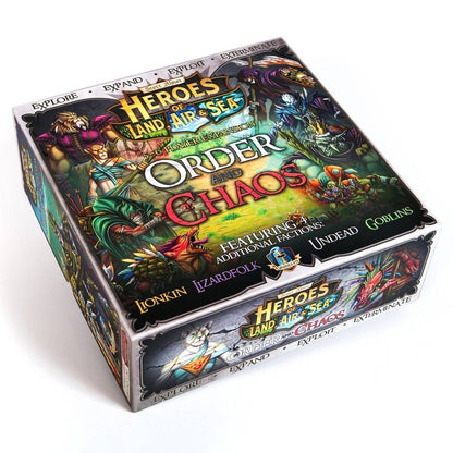Fantasy board game expansion box, "Heroes of Land, Air & Sea: Order and Chaos," featuring diverse monster and faction art