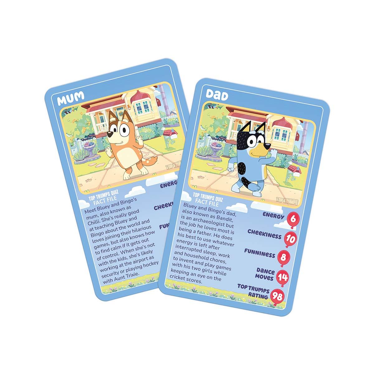Two Bluey Top Trumps cards one for Mum Chilli and one for Dad Bandit featuring character art and game statistics on a white background