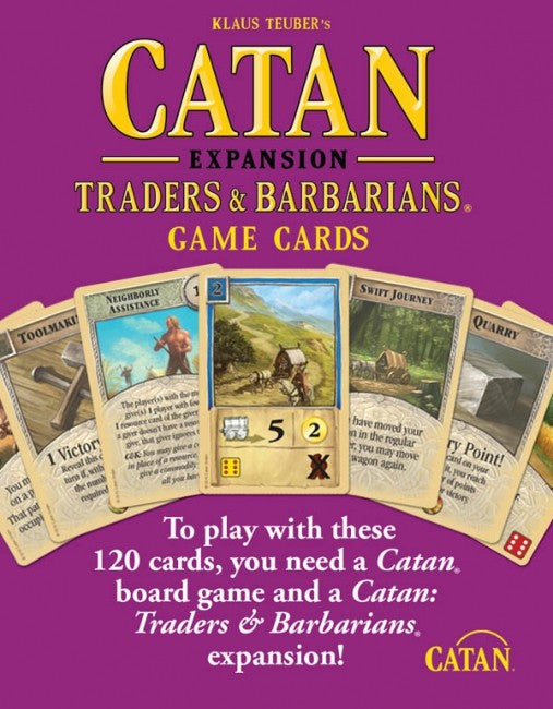 Catan Traders Barbarians Expansion Game Cards deck with various depicted cards including Toolmaker Neighborly Assistance and Swift Journey