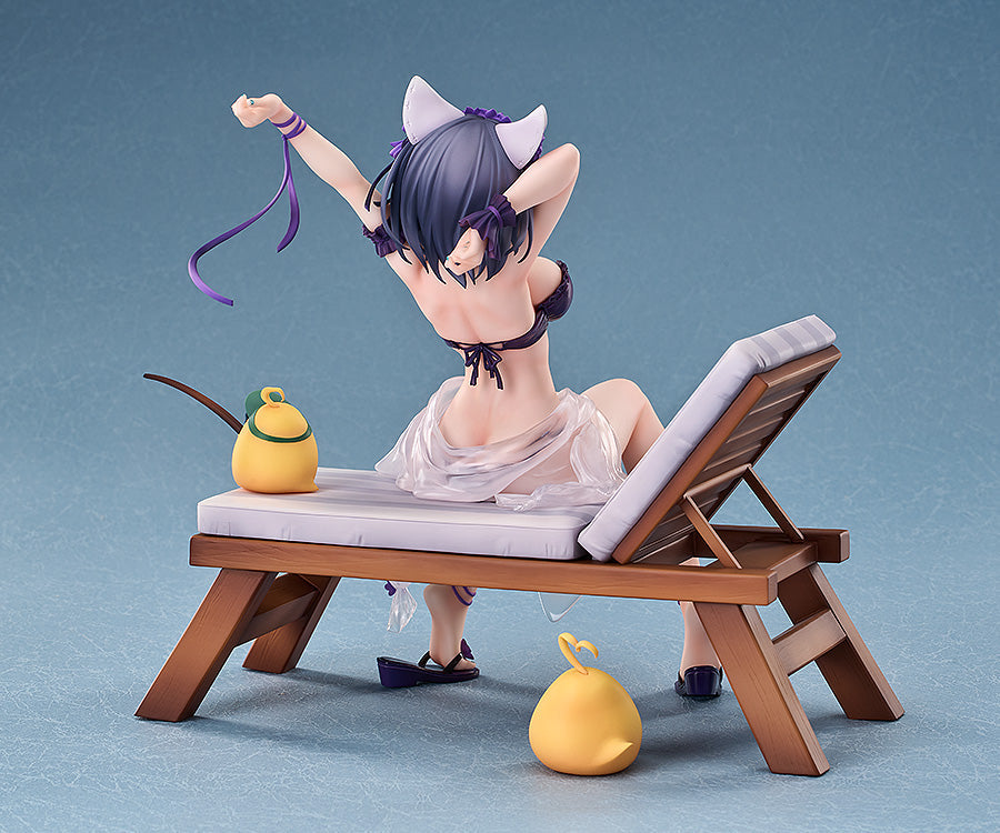 Rear view of a cat-eared anime figurine in a purple bikini and sheer sarong, stretching on a wooden lounge chair