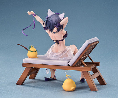 Rear view of a cat-eared anime figurine in a purple bikini and sheer sarong, stretching on a wooden lounge chair
