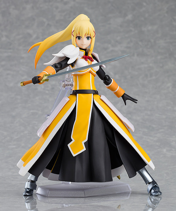KonoSuba figma Darkness action figure re-run Blonde anime character in yellow and black armor holding a silver sword standing on a clear display base