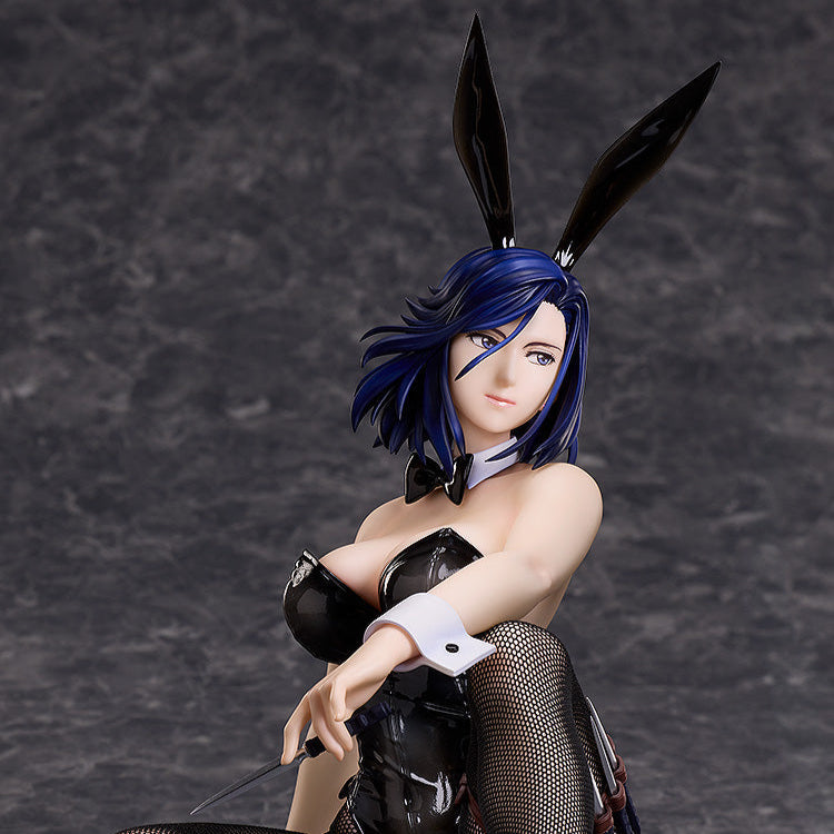 A collectible figure of a blue-haired woman in a black bunny suit, fishnet stockings, bunny ears, and holding a knife