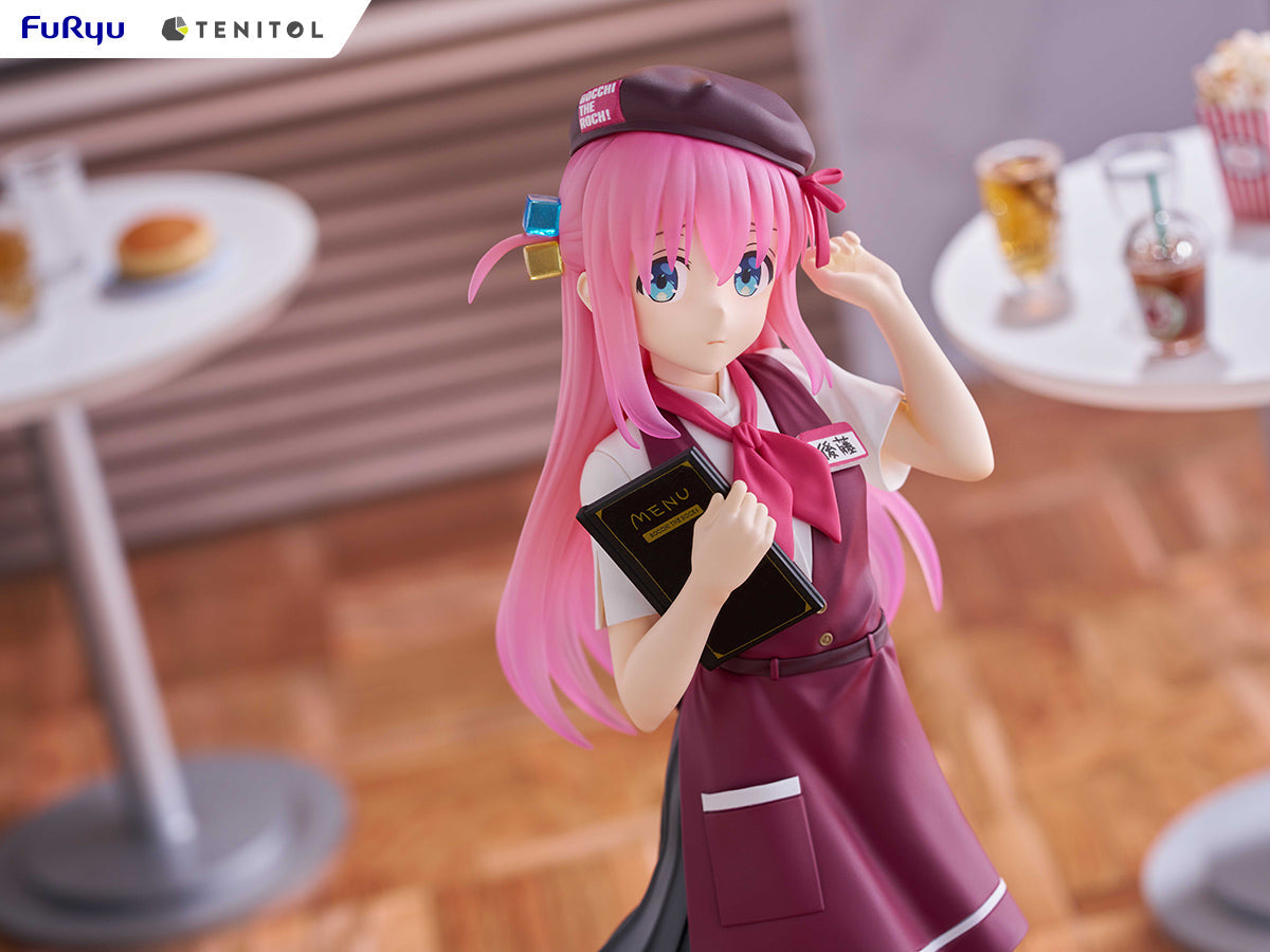 Pink-haired anime figure wearing a "Bocchi the Rock!" beret and waitress uniform, holding a menu in a cafe