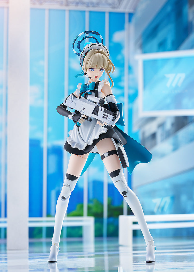 Anime figure of a blonde cyber-maid holding a white futuristic rifle in a bright blue, modern setting