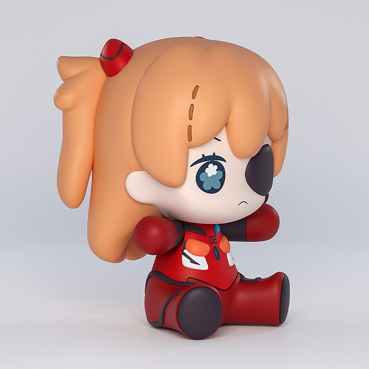 Side angle of the Good Smile Company Huggy Good Smile Rebuild of Evangelion Asuka Shikinami Langley: Eye Patch Version Figure in sitting pose