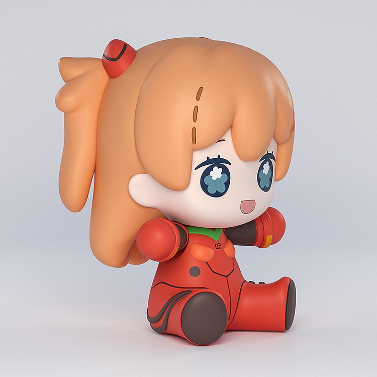 Side angle of the Good Smile Company Huggy Good Smile Rebuild of Evangelion Asuka Shikinami Langley: Plugsuit Version Figure in sitting pose