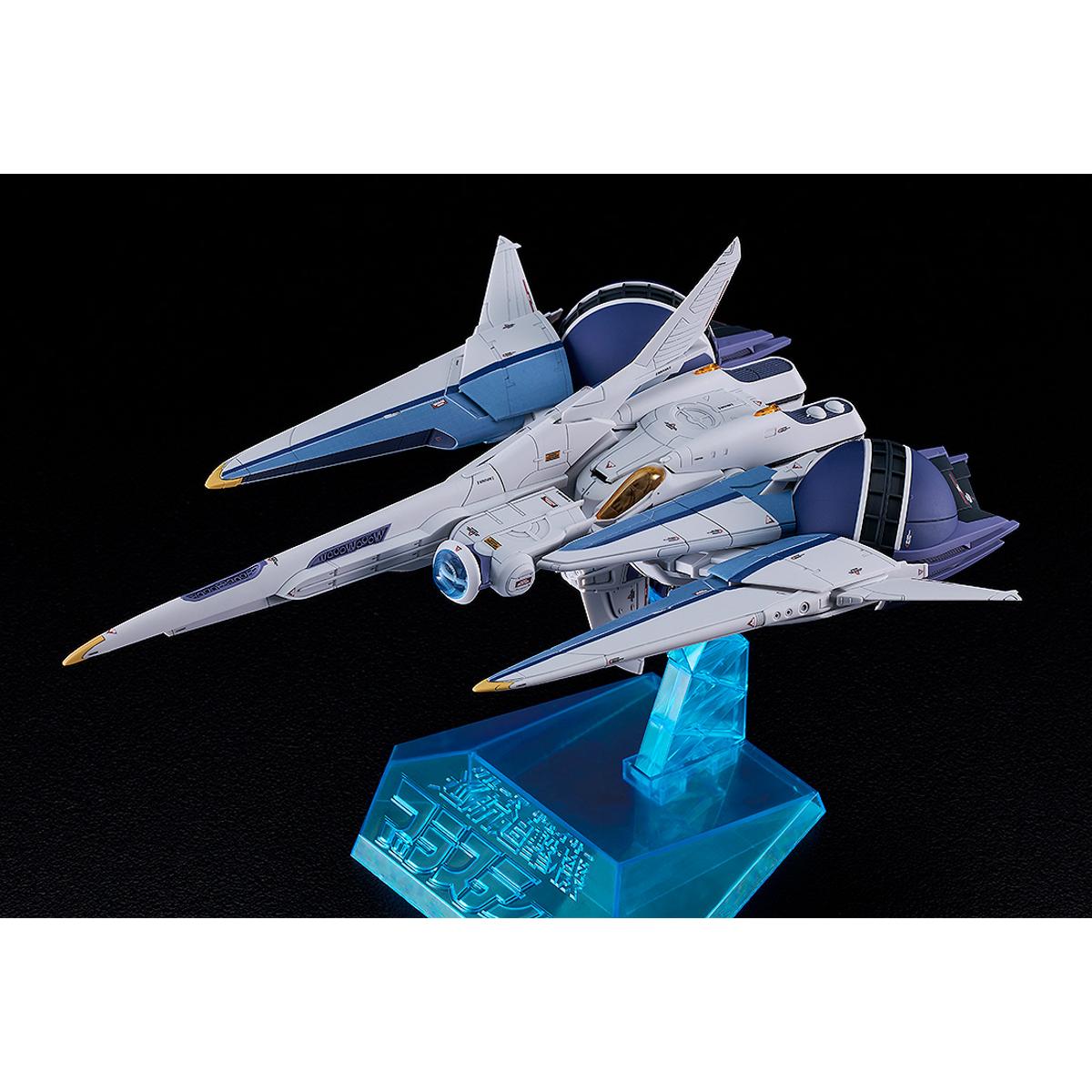 A white and blue futuristic spacecraft model with gold accents, displayed on a clear blue stand against a black background