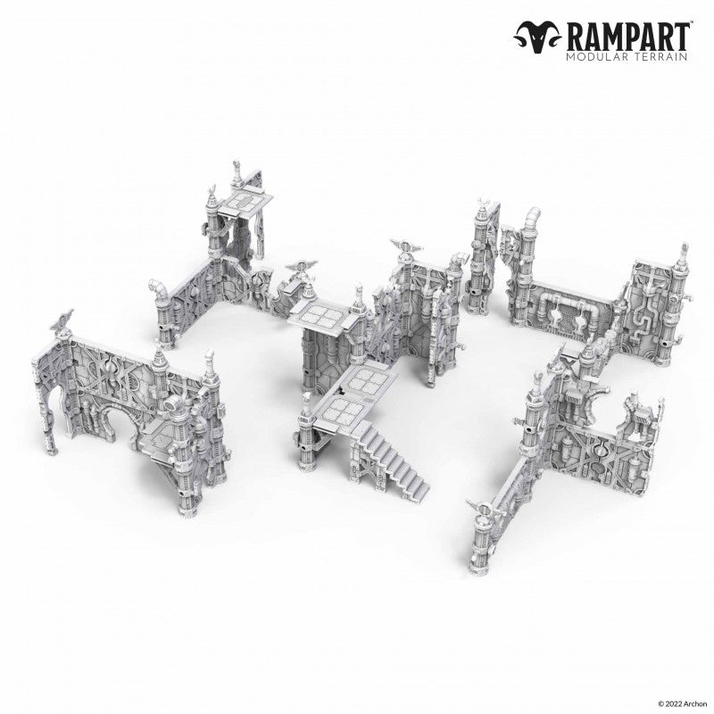 Modular grey sci-fi terrain pieces: walls, platforms, and stairs for tabletop wargames