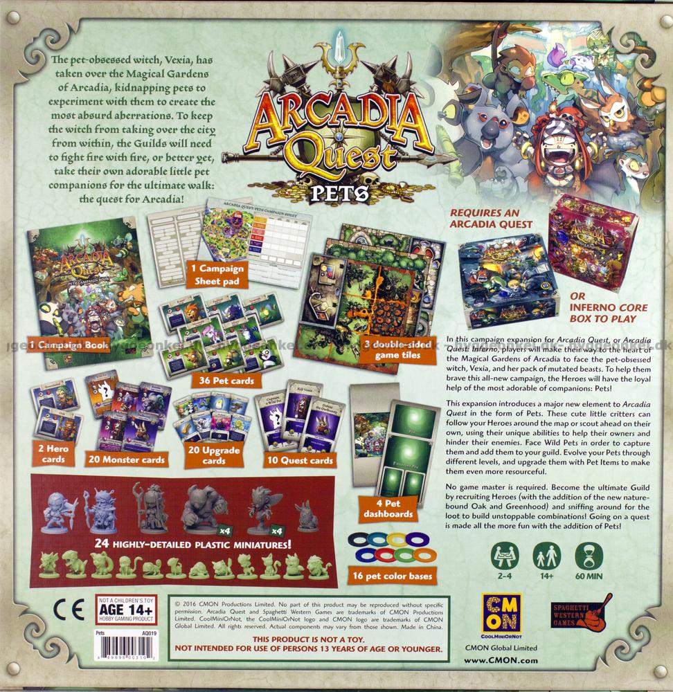 Arcadia Quest: Pets expansion components laid out: 24 miniatures, cards, game tiles, and campaign book