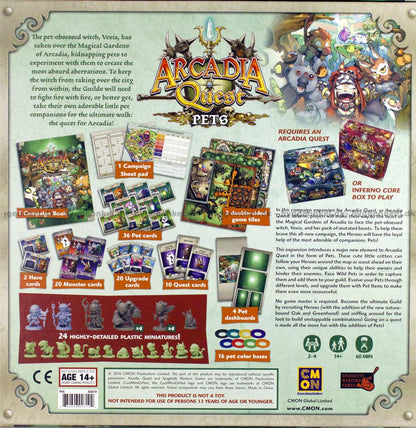 Arcadia Quest: Pets expansion components laid out: 24 miniatures, cards, game tiles, and campaign book