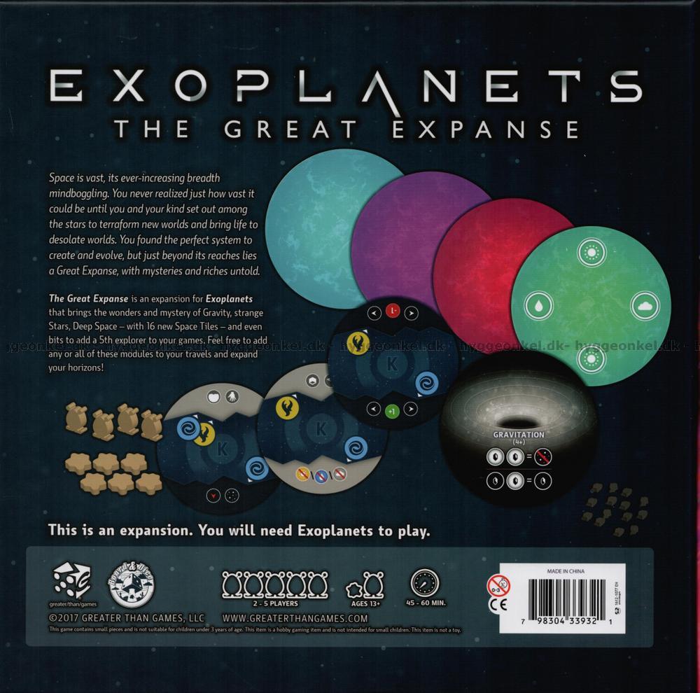 Back of "Exoplanets: The Great Expanse" board game box, featuring colourful planets, game tokens, and text