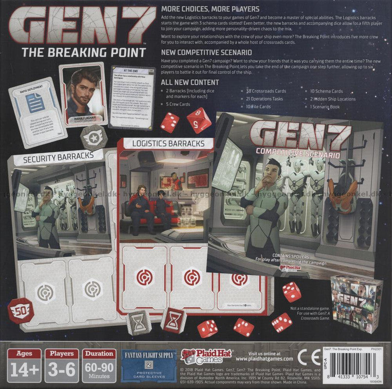 Back of the Gen7 The Breaking Point expansion box detailing new content player information and game features