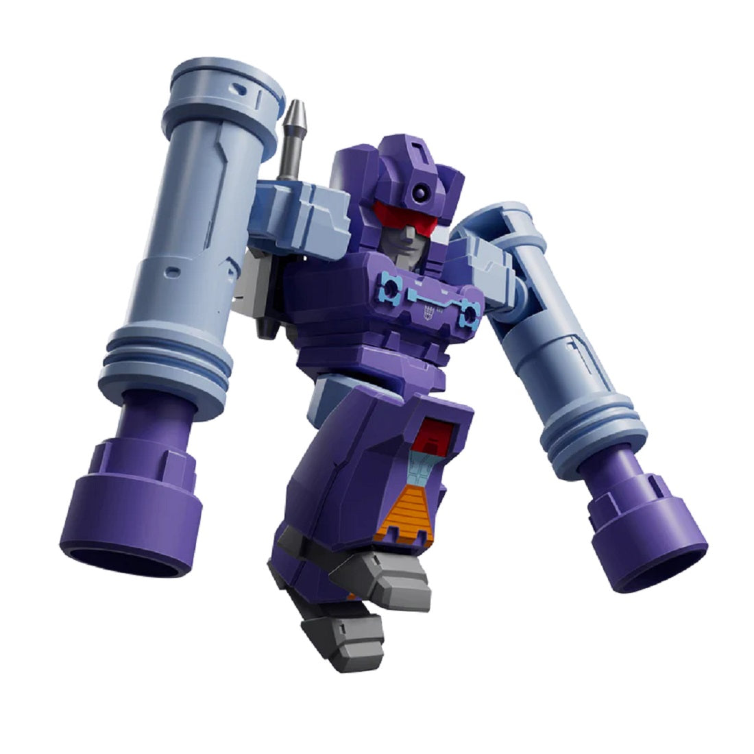 Purple robot with large arm cannons hovering against a white background