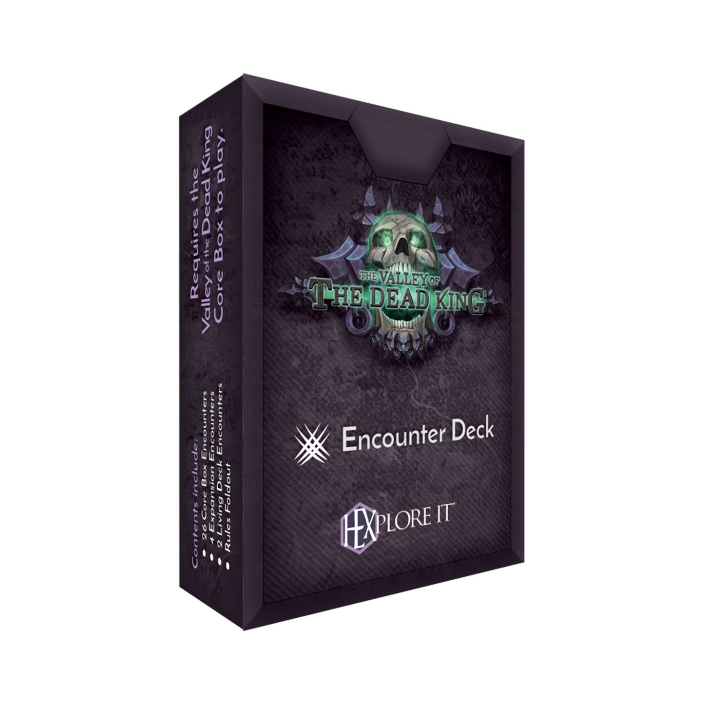 Dark game box, 'The Valley of the Dead King Encounter Deck,' with a green glowing skull logo and 'HEXPLORE IT.'