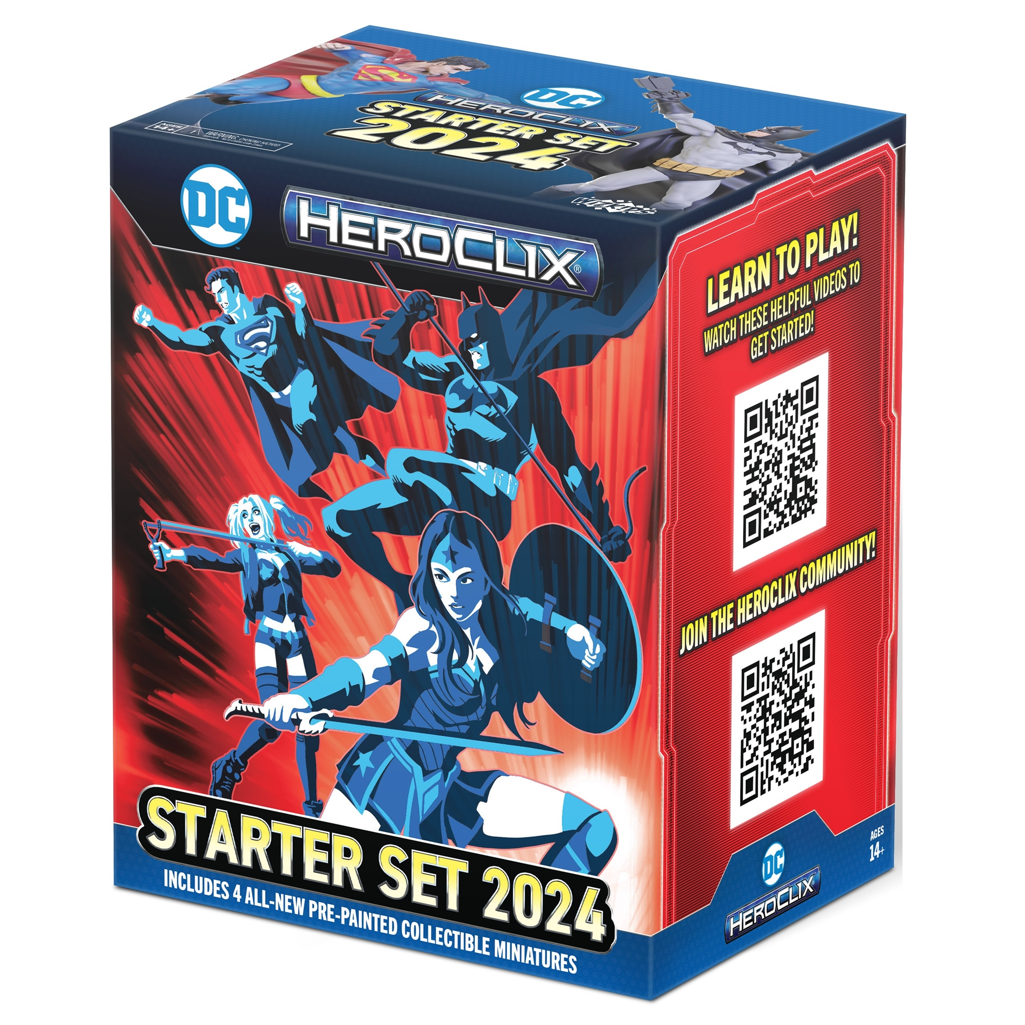 The DC HeroClix Starter Set 2024 box displays blue-and-white stylized art of four comic figures in action on a red background, with miniatures on its top surface