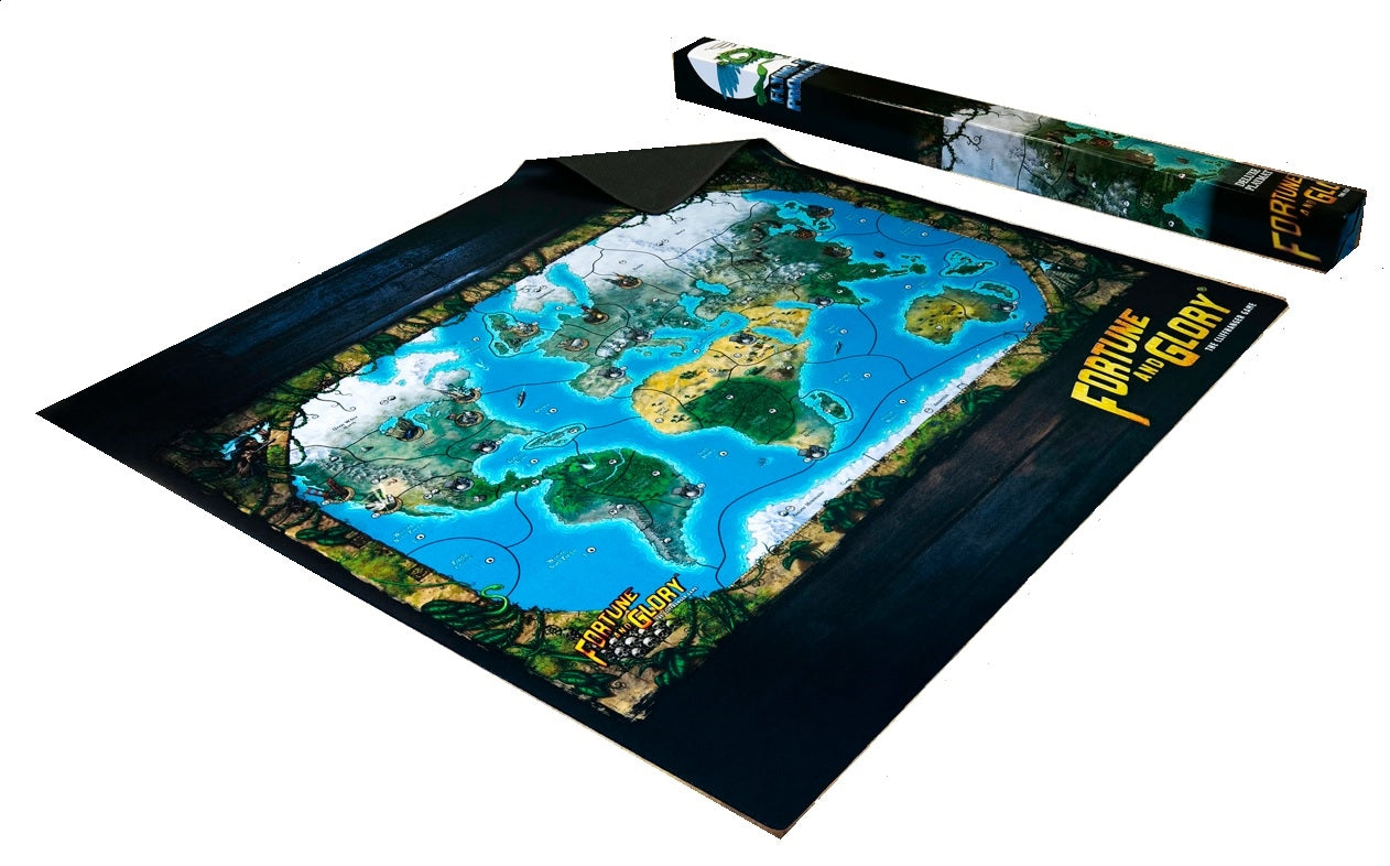 Unrolled 'Fortune and Glory' world map board game playmat next to its rectangular storage box