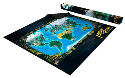 Unrolled 'Fortune and Glory' world map board game playmat next to its rectangular storage box