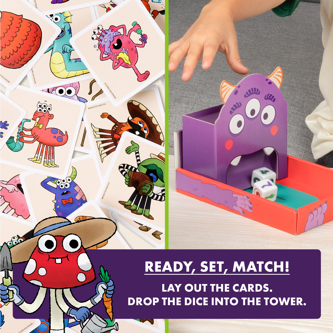 Child drops dice into a purple monster dice tower, alongside scattered colorful Monster Match cards
