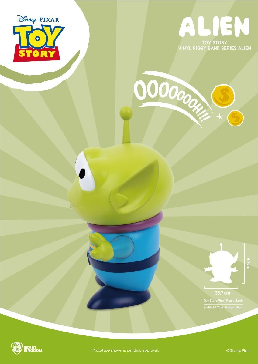 Toy Story Alien Vinyl Piggy Bank bright green alien in blue and purple outfit stands 40cm tall and 367cm wide