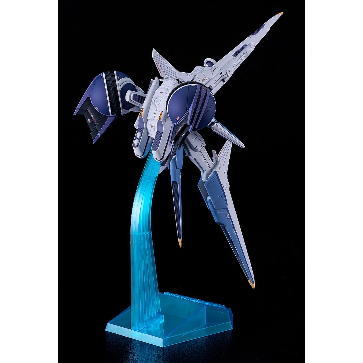 A white and blue futuristic aircraft model with purple details, hovering on a clear blue stand against black