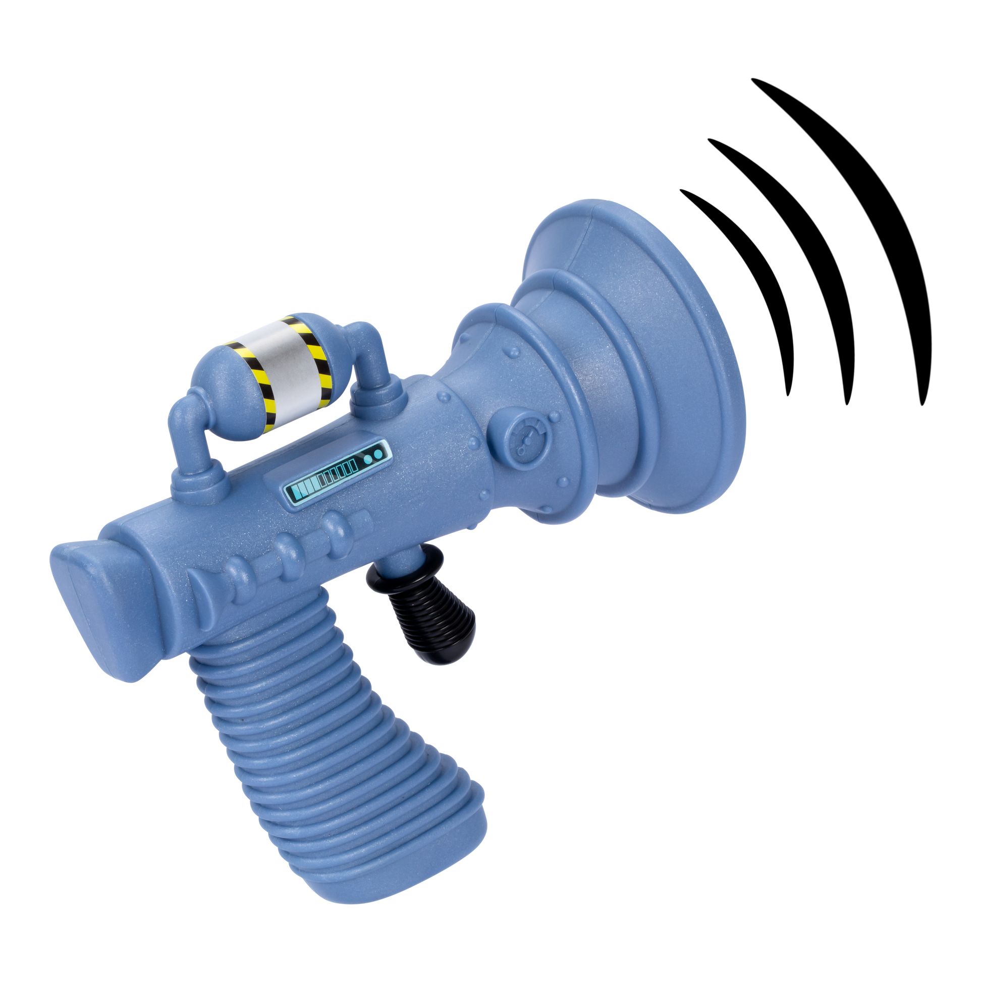 A blue Moose Despicable Me 4 Mini Fart Blaster toy with a ribbed handle, a warning-striped chamber, a digital screen, and black sound waves from its flared nozzle on a white background